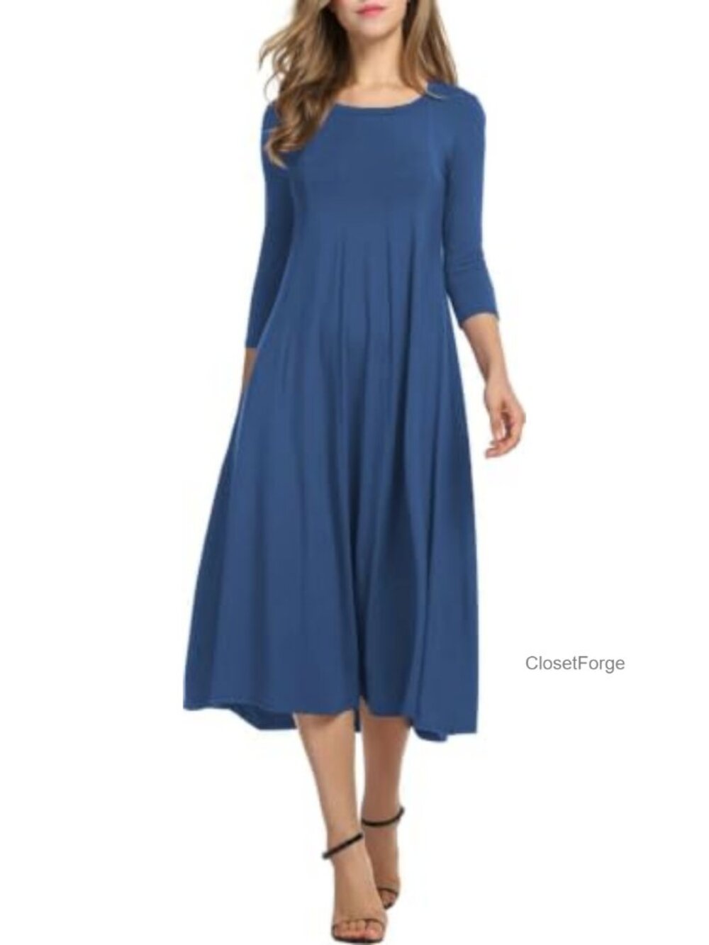 A-Line Midi Dress 3/4 Sleeve Pleated Swing Casual